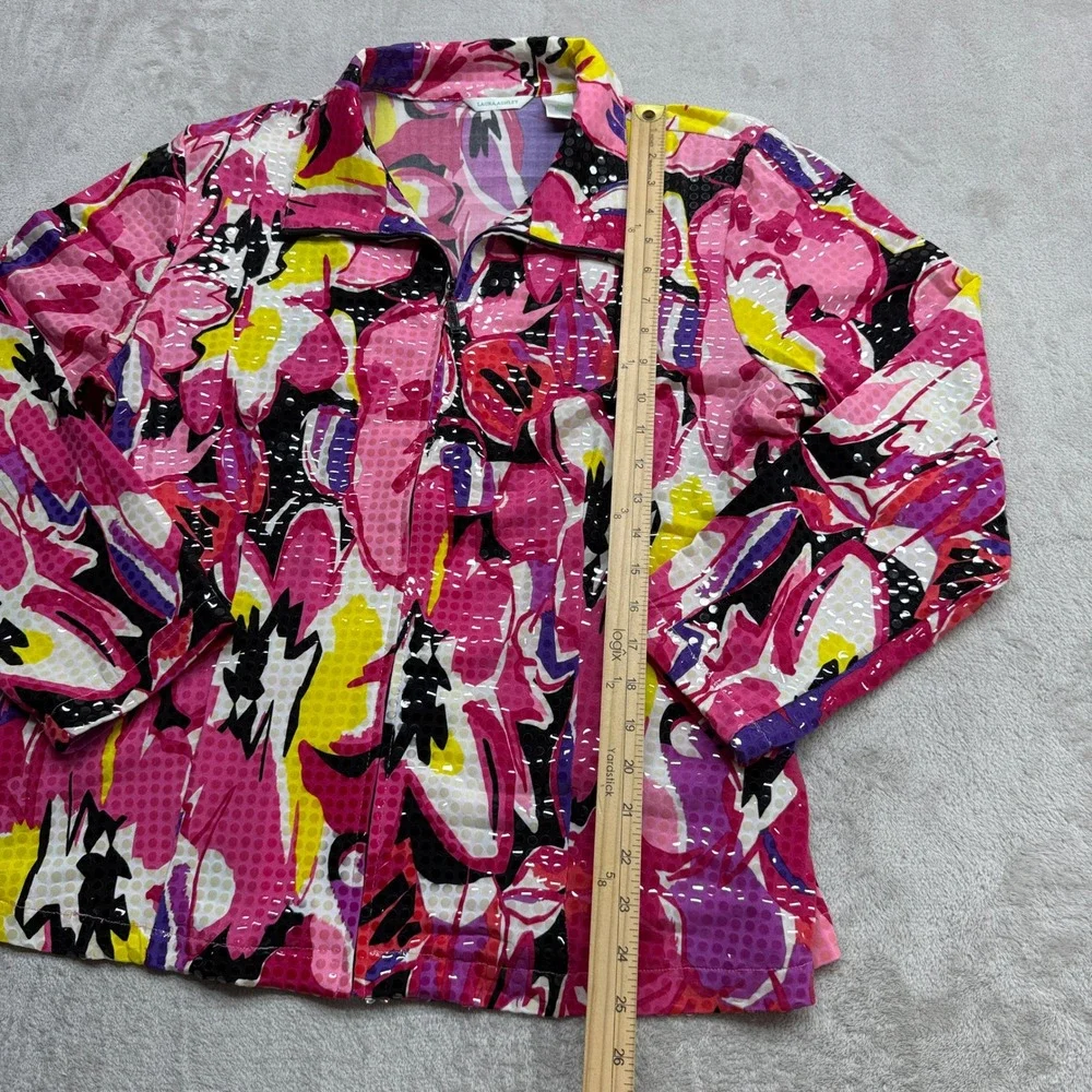 Laura Ashley Zip Up Jacket Women's Large Pink Abstract Floral Textured Stretch